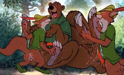 anthro bear charlielover disney fox gay knot little_john male male_only multiple_males penis robin_hood_(character) robin_hood_(disney) small_dom_big_sub yaoi