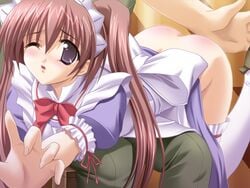 ass bent_over blush brown_hair female game_cg huge_eyes maid meimeimei! no_panties one_eye_closed pointy_chin purple_eyes sakanoue_mika spanked spanking the_god_of_death thighhighs tied_hair twintails wink