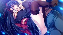 1boy areolae black_hair brown_hair ero_mangaka-san_to_binbou_shimai female game_cg hitodama hug jeans leg_grab long_hair morishima_mamoru mosaic_censoring nyan_nyan_(company) okiya_(ero_mangaka-san_to_binbou_shimai) open_mouth outdoors penetration polo_shirt red_eyes short_kimono tamahiyo vaginal_penetration