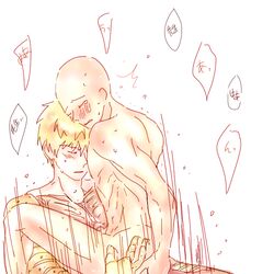 2boys bald blonde_hair blush cowgirl_position cyborg gay genos ion23 male male_only multiple_boys one-punch_man open_mouth penis riding saitama sitting sitting_on_person straddling sweat text translation_request yaoi