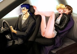 3boys anal blonde_hair blue_hair brown_hair car cu_chulainn_(fate) fate/stay_night fate_(series) gilgamesh_(fate) kirei_kotomine long_hair male_only multiple_boys naughty_face penis ponytail public red_eyes short_hair tied_hair yaoi