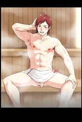 1boy abs bar_censor bath blush body_hair human idolmaster idolmaster_2 looking_at_viewer male male_only muscle pecs penis pink_eyes pov pubic_hair red_hair sauna short_hair shower solo sweat tendou_teru testicles