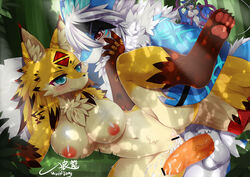 1boy 2girls alphina artist_name black_hair blue_eyes borrowed_character breasts censored cum dragon female forest fox fur furry multiple_females nipples penis pointless_censoring pussy red_eyes sex tentacle_sex white_hair wings wolflong wolflong_(character)