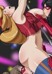 3girls ass bottomless breast_sucking breasts character_request cowboy_hat cum cunnilingus female game_cg hat hikawadou large_breasts long_hair mask melissa_claire multiple_girls nipples no_bra nude oral orgasm pole pole_dancing saliva shiny_skin sweat threesome tongue tongue_out yu-gi-oh! yu-gi-oh!_arc-v yuri