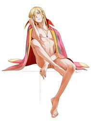 1boy abs barefoot blonde_hair blue_eyes bottomless earrings feet howl's_moving_castle howl_(character) howl_no_ugoku_shiro jewelry looking_at_viewer male_only muscles pectorals pendant penis short_hair solo studio_ghibli tagme testicles toes