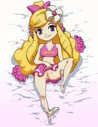 1girls anus ass bottomless cheer_outfit cheerleader cheerleader_link_(cosplay) clitoris curly_hair daga dakimakura earrings feet gradient_background long_hair on_back on_bed panties_around_leg princess_styla pussy simple_background skirt smile spread_legs the_legend_of_zelda tri_force_heroes uncensored