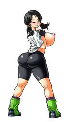 1girls areola ass big_ass bike_shorts black_hair blue_eyes breasts busty cleavage dat_ass dragon_ball dragon_ball_z female female_only nipples shirt_lift sideboob solo thick_thighs twintails videl voluptuous wink wrato