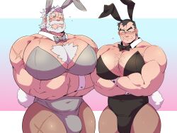 2boys arms_crossed arms_crossed_under_pecs bara bara_tiddies bara_tits beard big_chest big_pecs black_hair bowtie bulge bunny_ears bunnysuit busty chest_hair cleavage collar crossdressing gay gray_hair huge_chest huge_pecs kokuhane kokukokuboo male male_cleavage male_only manly_crossdresser moustache muscular muscular_male pantyhose reinhardt scar scar_on_thigh sigma_(overwatch)