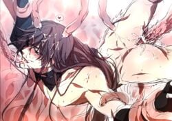 <3 1boy anal ass bar_censor biceps bishonen black_hair blue_eyes censored consensual_tentacles cum detached_collar ejaculation heart izuminokami_kanesada licking long_hair long_hair_male male male_only muku_(pixiv3207772) nipples oral restrained solo_focus spoken_heart tentacle tentacle_on_male tentacle_sex touken_ranbu very_long_hair