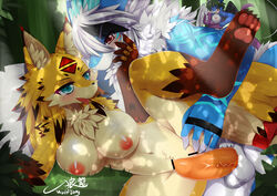 1boy 2girls alphina artist_name black_hair blue_eyes borrowed_character breasts censored dragon female forest fox fur furry multiple_females nipples penis pointless_censoring pussy red_eyes sex tentacle_sex white_hair wings wolflong wolflong_(character)