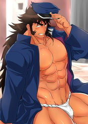 1boy abs bara bottomless brown_hair fundoshi long_hair looking_at_viewer male male_only muscle muscles osu!_banchou pecs solo sugo6969 todoroki_kongou undressing