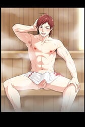 1boy abs bath blush body_hair bulge human idolmaster idolmaster_2 looking_at_viewer male male_only muscle pecs penis pink_eyes pov pubic_hair red_hair sauna short_hair shower solo sweat tendou_teru testicles