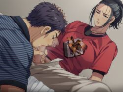 2boys abs anal ass bed black_hair cum cum_in_mouth cumdrip handjob haru_(no,_thank_you_!!!) inui_kouichi long_hair male_only multiple_boys muscle no,_thank_you_!!! pecs ponytail short_hair steam tied_hair underwear undressing yaoi