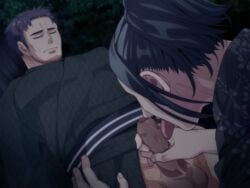 2boys age_difference black_hair fellatio hair haru_(no,_thank_you_!!!) inui_kouichi licking long_hair male_only multiple_boys no,_thank_you_!!! oral outdoors penis ponytail saliva short_hair testicles tied_hair tree uncensored yaoi