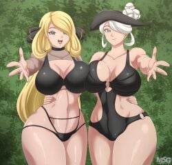 2girls big_ass big_breasts black_clothing black_swimsuit blonde_hair busty clothed clothed_female clothing cogita_(pokemon) cynthia_(pokemon) gilf hair_ornament hair_over_one_eye hat magnificentsexygals mature_female mature_woman milf multiple_girls old_woman pokémon pokemon pokemon_champion pokemon_dppt pokemon_legends:_arceus swimsuit thick thick_thighs white_hair wide_hips