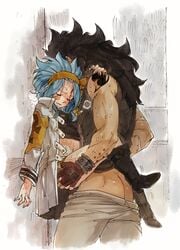 1boy 1girls against_wall ass ass_cleavage blue_hair boots breath butt_crack closed_eyes clothed_sex fairy_tail female gajeel_redfox jacket larger_male leg_lock levy_mcgarden male midriff navel pants_down rusky scar sex size_difference smaller_female stomach sweat tattoo upright_straddle