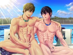 2boys abs after_sex blush censored cum free! male_only multiple_boys muscle nanase_haruka_(free!) nipples outdoors pecs pool public sweat tachibana_makoto undressing water yaoi