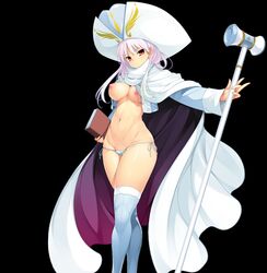 areolae blush breasts breasts_out cape curvy erectlip female hat large_breasts lavender_hair long_hair looking_at_viewer navel nipples ozawa_akifumi panties red_eyes solo staff standing thick_thighs thighhighs thong underwear weapon wide_hips