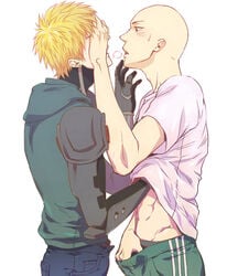 2boys bald blonde_hair blush breath cyborg gay genos hand_in_pants imminent_sex male male_only multiple_boys one-punch_man saitama shirt_lift sweat togiicustom yaoi