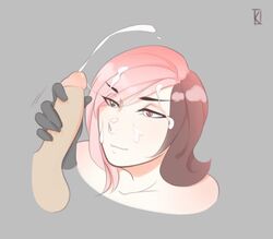 artist_signature brown_eyes brown_hair cum cum_on_face cum_on_hair disembodied_hand disembodied_head disembodied_penis eyebrows_visible_through_hair gloves half-closed_eyes handjob heterochromia k-inesis motion_lines neo_(rwby) pink_eyes pink_hair rwby signature simple_background