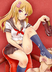 1boy ariku black_legwear blonde_hair blush breasts cleavage cum cum_on_body cum_on_lower_body cum_on_upper_body feet female femdom foot_on_head foot_worship hair_ornament long_hair looking_at_viewer midriff navel parted_lips purple_eyes ribbon school_uniform shoes_removed sitting skirt smile socks tagme