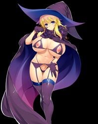 areolae blonde_hair blue_eyes blush breasts cape curvy erectlip female hat huge_breasts lingerie long_hair looking_at_viewer navel nipples ozawa_akifumi solo standing thighhighs thong wide_hips witch_hat