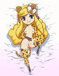 anal anal_insertion animal_ears anus ass bottomless cheetah clitoris curly_hair daga dakimakura earrings female gradient_background leopard_print long_hair on_back on_bed panties_around_leg princess_styla pussy simple_background smile solo spread_legs tagme the_legend_of_zelda tri_force_heroes uncensored