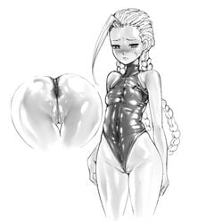 anus ass bare_shoulders blush breasts cammy_white covered_navel d1975 dat_ass earrings erect_nipples female female_only flossing gloves highres human leotard monochrome partially_visible_anus partially_visible_vulva pussy shiny_skin simple_background skin_tight small_breasts solo street_fighter wedgie