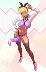 1futa 1futanari big_breasts big_penis bikini blonde_hair blush brown_eyes bulge clothed clothing condom condom_filling cum cum_inside dark-skinned_futanari dark_skin ejaculation erection full_body futa_only futanari hands-free handsfree_ejaculation hat human impossible_clothes looking_at_viewer mostly_nude orgasm panties peace_sign penis purple_bikini purple_bikini_bottom purple_bikini_top purple_panties shoes short_hair smile smiling smiling_at_viewer solo standing stockings thick_thighs thighhighs tomoyuki_kotani voluptuous voluptuous_futanari white_shoes wide_hips