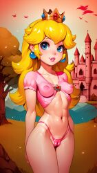 ai_generated arms_behind_back autismmix_pony(model) blonde_hair blue_eyes cameltoe castle covered_nipples crown earrings erect_nipples lipstick looking_at_viewer mario_(series) marusame midriff navel outdoors perky_breasts princess_peach pursed_lips sleeveless_shirt stable_diffusion thong tight_clothing