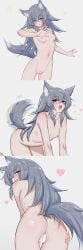 :o absurdres all_fours animal_ear_fluff animal_ears ass bar_censor blue_eyes blush breasts censored cleft_of_venus completely_nude dog_ears dog_girl dog_tail eyelashes female grey_hair hair_between_eyes hair_over_shoulder heart highres hip_bones long_bangs long_hair looking_at_viewer looking_back multiple_views mustee naughty_face nipples nude oerba_yun_fang open_mouth original presenting pussy ribs sidelocks simple_background skinny small_breasts smile sparkle standing tail tail_wagging tongue