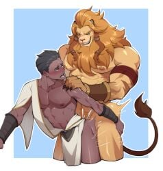 2boys abs absurd_res afk_arena afk_journey anal anal_sex anthro anthro_dominating_human anthro_penetrating anthro_penetrating_human arm_scar big_muscles big_nipples big_pecs black_hair blonde_mane blush bodily_fluids braided_mane brutus_(afk_arena) cum cum_in_ass cum_inside dark-skinned_male dark_body dark_skin dominant dominant_anthro dominant_male duo felid fur gay gay_sex genital_fluids grin hair hi_res holding_partner human human_on_anthro human_penetrated interspecies larger_anthro larger_male leaking_cum lilith_games lion looking_pleasured magister_(afk_arena) male male/male male_only male_penetrated male_penetrating male_penetrating_male mammal mane muscular muscular_anthro muscular_human muscular_male muto20002 nipples nude orgasm pantherine pecs penetration penile penile_penetration penis_in_ass pubes scar sex size_difference smaller_human smaller_male smaller_penetrated smile submissive submissive_human submissive_male sweat yellow_body yellow_fur