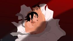 1boy 1girls after_sex ashi_(samurai_jack) asleep black_hair canon_couple closed_eyes couple daughters_of_aku embrace female floor happy happy_female happy_male hero heroine in_bed in_love intimate love male muscular_male nude romantic romantic_couple samurai_jack samurai_jack_(character) sleeping thin_female villainess zone