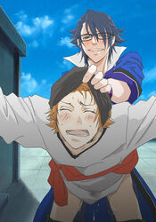 2boys anal blue_hair blush brown_hair cum fushimi_saruhiko gay glasses hat k_(anime) male_only multiple_boys outdoors public saliva short_hair wince yaoi yata_misaki