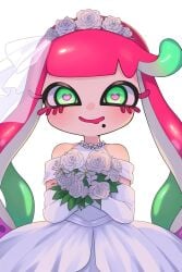 ai_generated bouquet_of_flowers bride female_focus happy harmony_(splatoon) heart-shaped_pupils looking_at_viewer nintendo pink_hair splatoon splatoon_(series) tentacle_hair wedding wedding_dress