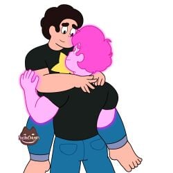 2boys barefoot cartoon_network chad_steven clothed clothed_male clothing feet gay gem_(species) gem_hybrid hair half-closed_eyes looking_at_another male pants pink_body pink_steven shirt smile steven_quartz_universe steven_universe steven_universe_future transparent_background