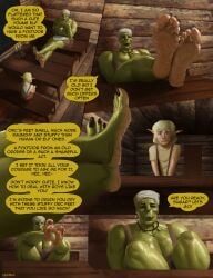 big_dom_small_sub blonde_hair elf elf_male feet_on_table femboy foot_fetish foot_focus green_skin humiliation light-skinned_male older_female orc orc_female vkorg wrinkled_feet wrinkled_soles