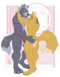 2boys 4_toes 5_fingers after_kiss anthro anthro_on_anthro armpit_hair ball_tuft balls biceps big_balls big_penis blush blush_lines bodily_fluids body_hair canid canine canis claws countershade_torso countershading digitigrade duo feet finger_claws fingers foreskin fox fox_mccloud fur gay genitals grey_body grey_fur hand_on_butt hi_res hindpaw humanoid_genitalia humanoid_hands humanoid_penis larger_male male male/male mammal multicolored_body multicolored_fur muscular muscular_anthro muscular_male nintendo nude open_mouth orange_body orange_fur paws penis saliva saliva_string size_difference smaller_male soraawoolf standing star_fox tan_body tan_countershading tan_fur teeth text toe_claws toes tongue tongue_out tuft two_tone_body two_tone_fur wolf wolf_o'donnell