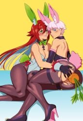 1boy 1girls anal anal_insertion asuka_r._kreutz blue_eyes blush bowtie bunny_boy bunny_ears bunny_girl bunny_tail bunnysuit carrot carrot_dildo carrot_in_ass cherrypicmilk choker detached_collar fat_ass female femboy green_eyes guilty_gear guilty_gear_strive high_heels jack-o'_valentine large_ass large_breasts leotard long_hair male male_playboy_bunny pantyhose playboy_bunny presenting presenting_hindquarters red_hair ripped_clothing short_hair skintight strapless_leotard torn_pantyhose white_hair wrist_cuffs