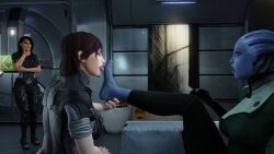 3d asari ashley_williams black_hair blue_skin caucasian caucasian_female commander_shepard dais1984 femshep foot_fetish foot_focus foot_grab foot_lick foot_worship liara_t'soni mass_effect mass_effect_3 red_hair