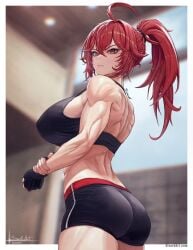 1girls absurd_res ahoge ass breasts goddess_of_victory:_nikke hi_res large_breasts looking_at_viewer matching_hair/eyes muscular muscular_female nihilister_(nikke) ponytail red_eyes red_hair signature sivarkart solo sports_bra web_address