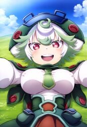 ai_generated big_breasts big_hat huge_breasts looking_at_viewer made_in_abyss mr._nyazakura multicolored_hair nipples_visible_through_clothing prushka red_eyes short_hair shortstack smiling white_hair