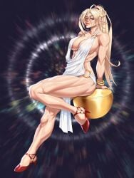1girls abs absurd_res arii_(r62) blonde_hair blue_eyes cocktail_dress dress hi_res high_heels looking_at_viewer muscular muscular_female new_year original pointy_ears r62 solo thick_thighs white_dress