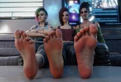 barefoot caucasian caucasian_female cyberpunk_2077 dais1984 feet foot_fetish foot_focus hispanic hispanic_female light-skinned_female light_skin looking_at_viewer panam_palmer smirking_at_viewer soles v_(cyberpunk_2077) valerie_(cyberpunk_2077)