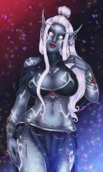 bracers breasts earrings elf female_only jewelry large_breasts long_hair navel nightborne revealing_clothes solo tattoo vampirexev white_hair world_of_warcraft