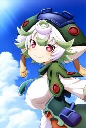 ai_generated big_breasts big_hat huge_breasts looking_at_viewer made_in_abyss mr._nyazakura multicolored_hair nipples_visible_through_clothing prushka red_eyes short_hair shortstack smiling white_hair