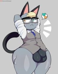 animal_crossing anthro ass balls balls_outline big_butt blonde_hair blush bodily_fluids bulge clothing detailed_bulge duplicate eyewear felid feline femboy genital_outline genitals glasses grey_body hair heart_symbol jinu male male_focus male_only mammal necktie nintendo pac-man_eyes penis_outline raymond_(animal_crossing) simple_background solo suit_vest sweat thick_thighs thong underwear wide_hips