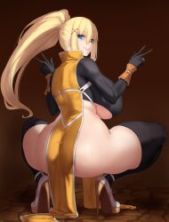 1girls alternate_version_available ass aster_crowley back back_view backboob big_ass big_breasts black_thighhighs blonde_hair blue_eyes breasts darkness_(konosuba) double_peace_sign female female_only footwear hair heels high_heels huge_ass huge_breasts kono_subarashii_sekai_ni_shukufuku_wo! large_breasts legwear looking_back no_panties peace_sign pelvic_curtain ponytail skimpy skimpy_clothes solo solo_female thick_thighs thighhighs thighs