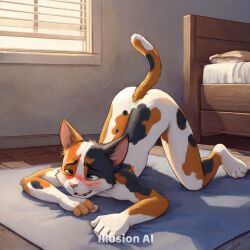 ai_generated alice_(fan_character) ass_up calico calico_cat cat_boy feline feline_humanoid femboy illusion_ai in_heat on_all_fours