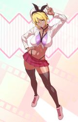 1female blonde_female blonde_hair dark-skinned_female dark_skin female female_only peace_sign shoes skirt stockings tomoyuki_kotani white_shoes